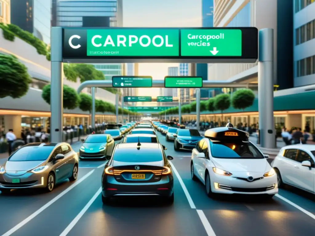 Una calle de la ciudad bulliciosa con autos en el carril compartido, mostrando la evolución tecnológica del carpooling