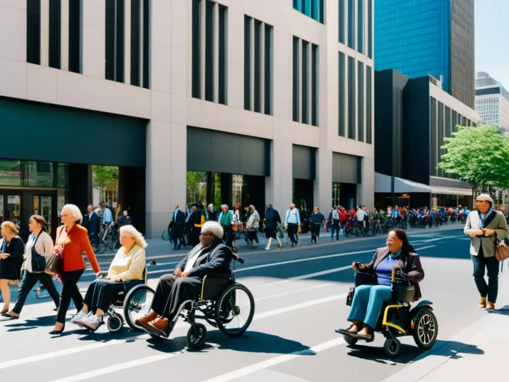 Una calle de la ciudad bulliciosa con diversidad de personas que utilizan distintos medios de movilidad