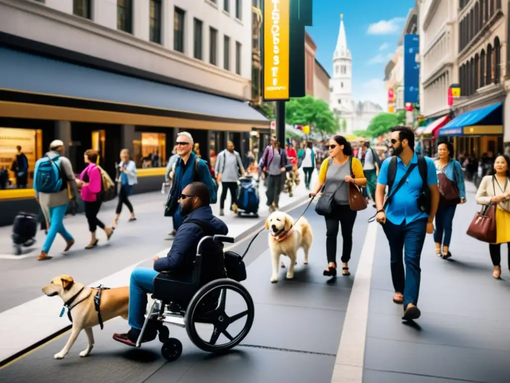 Una calle de ciudad bulliciosa con diversidad de personas, incluyendo viajeros con discapacidad, destaca la importancia del transporte en turismo