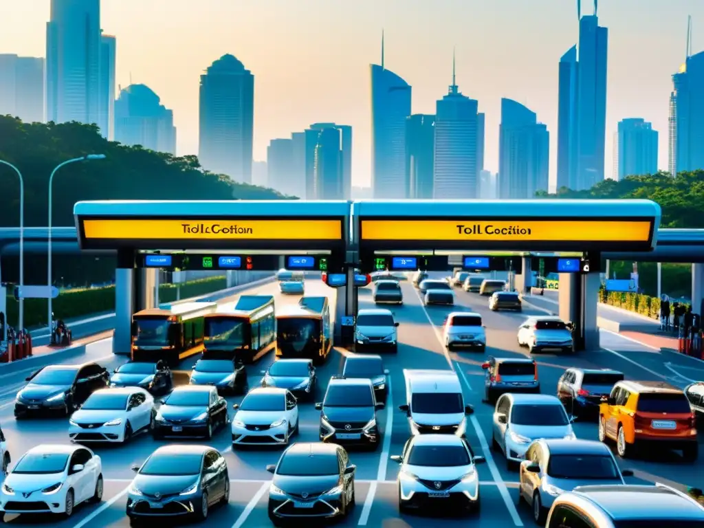 Una calle de ciudad bulliciosa muestra la historia y evolución de medios de transporte, desde tradicionales hasta innovaciones futuristas en peajes