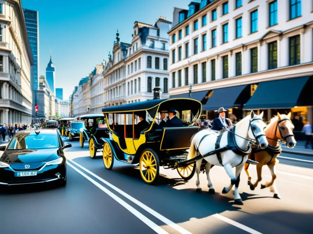 Una calle de la ciudad bulliciosa muestra la evolución de los medios de transporte, desde coches de caballos hasta vehículos eléctricos, reflejando la historia y las innovaciones en la movilidad urbana