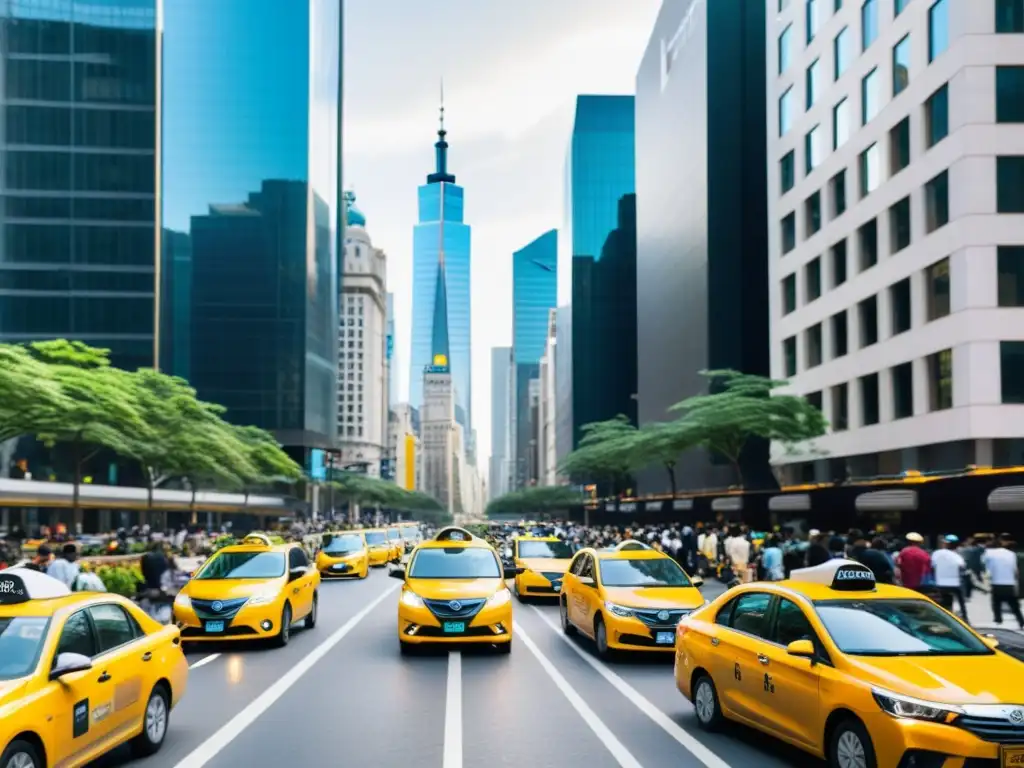 Una calle de ciudad bulliciosa con taxis tradicionales y vehículos de transporte modernos, destacando el desarrollo de medios de transporte innovadores en un entorno urbano dinámico