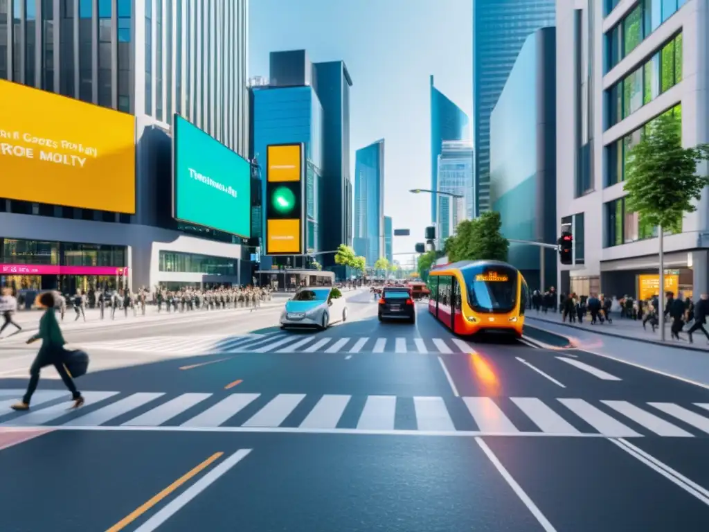 Una calle de la ciudad bulliciosa, con tecnología de gestión de tráfico urbano, edificios modernos y tráfico variado