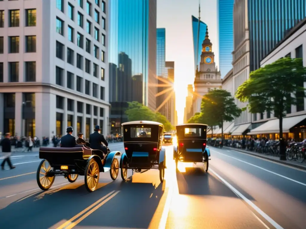 Una calle de la ciudad bulliciosa muestra la revolución en el transporte, con carruajes vintage y vehículos eléctricos modernos