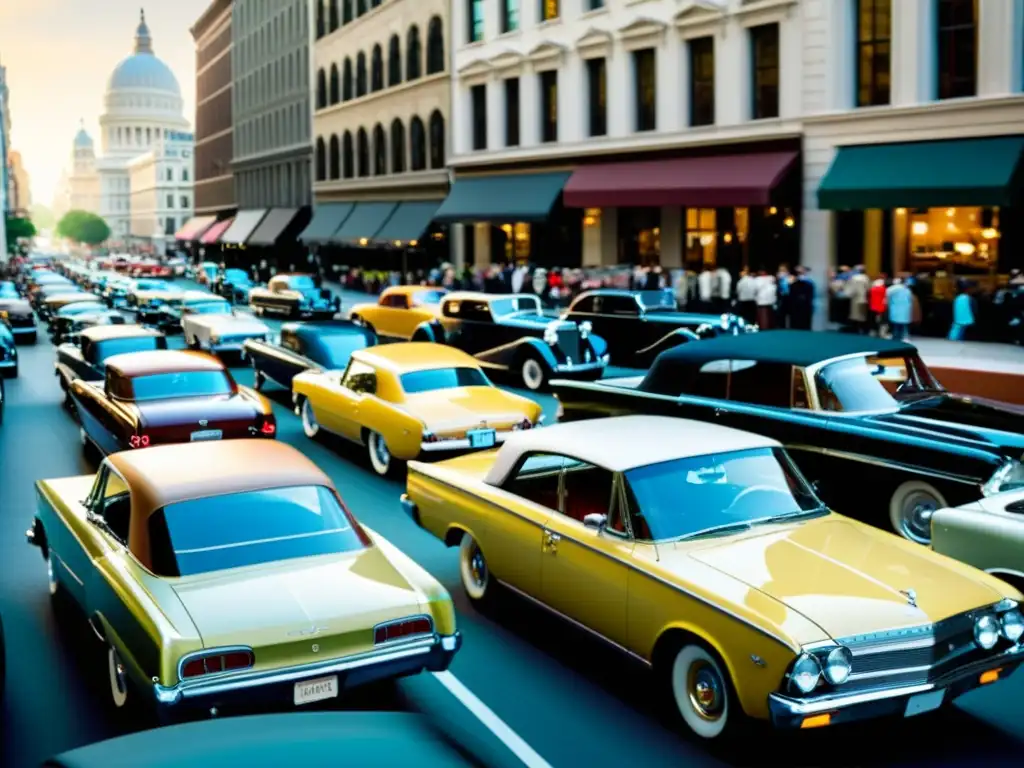 Una calle de la ciudad llena de autos clásicos, reflejando la energía vibrante de la democratización del transporte en la historia social y el desarrollo urbano