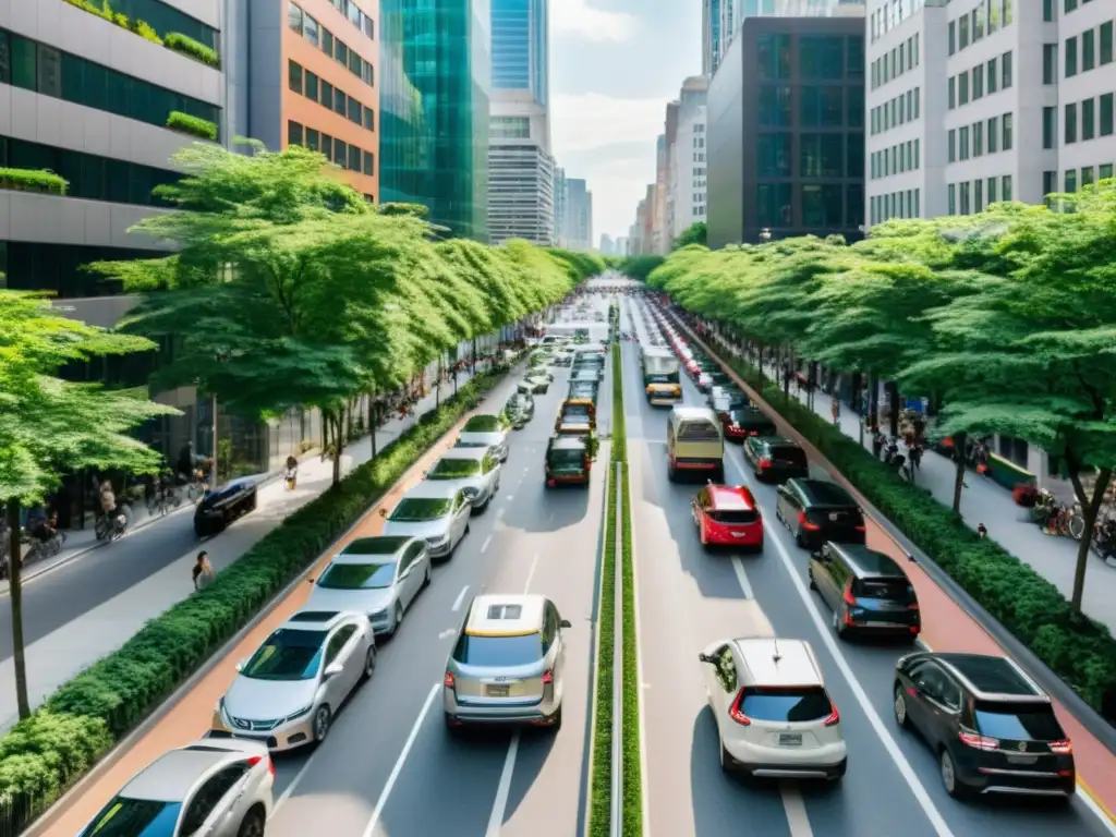 Una calle de la ciudad llena de movimiento, con un carril de carpooling y un vehículo compartido en primer plano