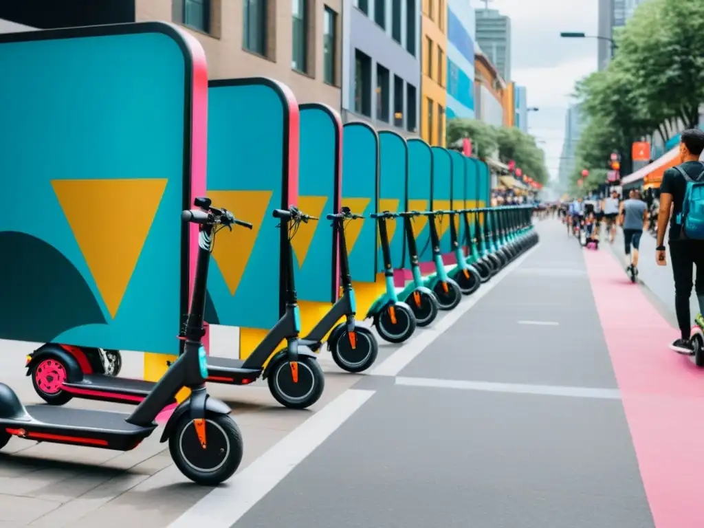 Una calle de ciudad llena de peatones, ciclistas y medios de transporte modernos