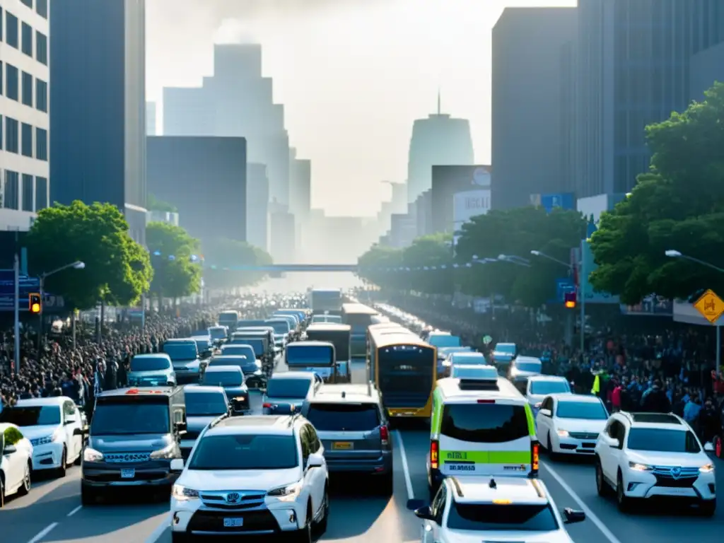 Una calle de la ciudad llena de tráfico y contaminación, con activistas pidiendo regulaciones de emisiones para reducir el impacto ambiental