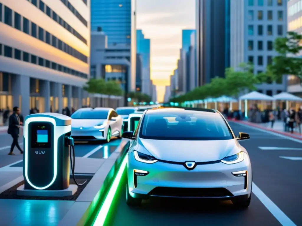Una calle de la ciudad llena de vehículos eléctricos futuristas y estaciones de carga integradas