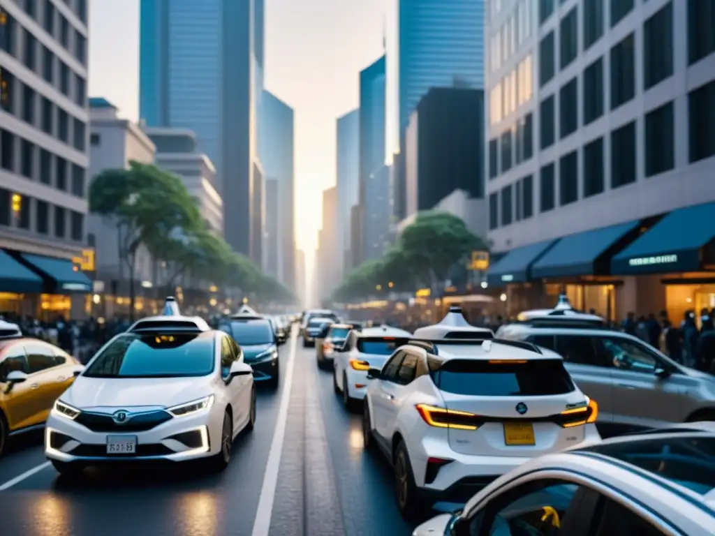 Una calle de la ciudad llena de vehículos de transporte compartido, eléctricos y tradicionales, rodeada de altos edificios y peatones