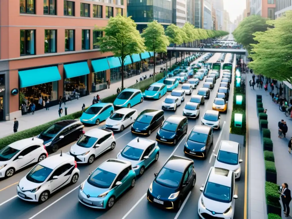 Una calle de la ciudad llena de vehículos de transporte compartido eléctricos, mostrando la integración tecnológica y social