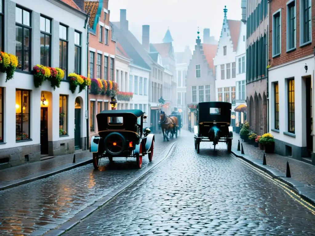 Una calle empedrada en Brugge, Bélgica, durante una neblinosa mañana