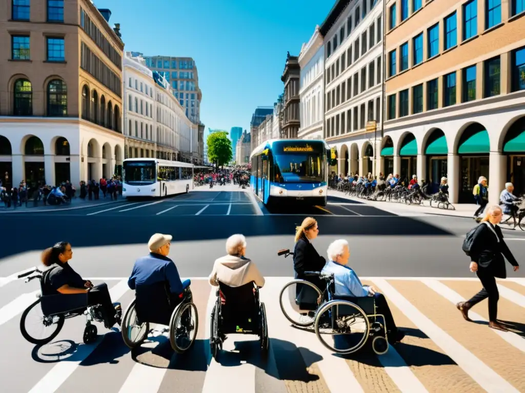 Una calle llena de vida en la ciudad, con diversidad de personas y transporte inclusivo para movilidad urbana