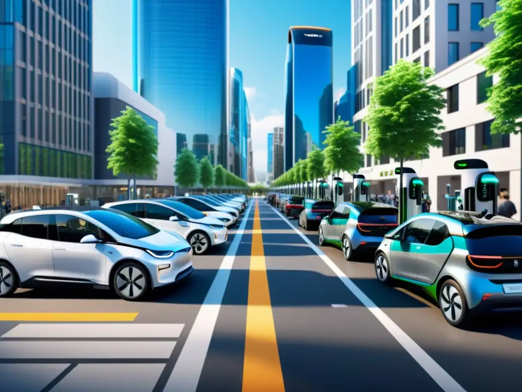 Una calle urbana bulliciosa con estaciones de carga para vehículos eléctricos, mostrando la integración de tecnologías avanzadas en un entorno moderno
