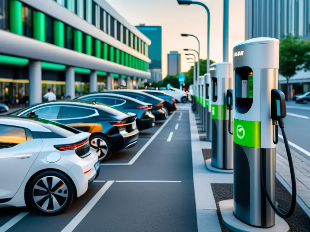 Una calle urbana bulliciosa con estaciones de carga para vehículos eléctricos, mostrando la infraestructura de cargadores rápidos y lentos