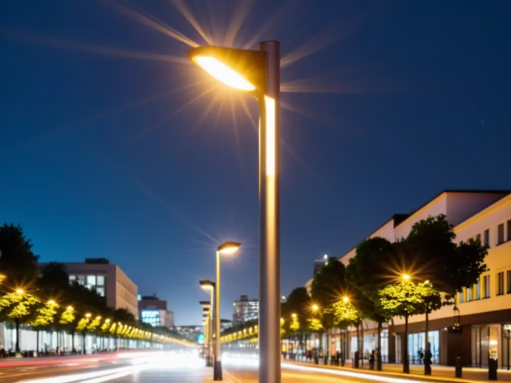 Una calle urbana bulliciosa iluminada por una moderna farola LED, destacando la eficiencia energética y la seguridad del transporte