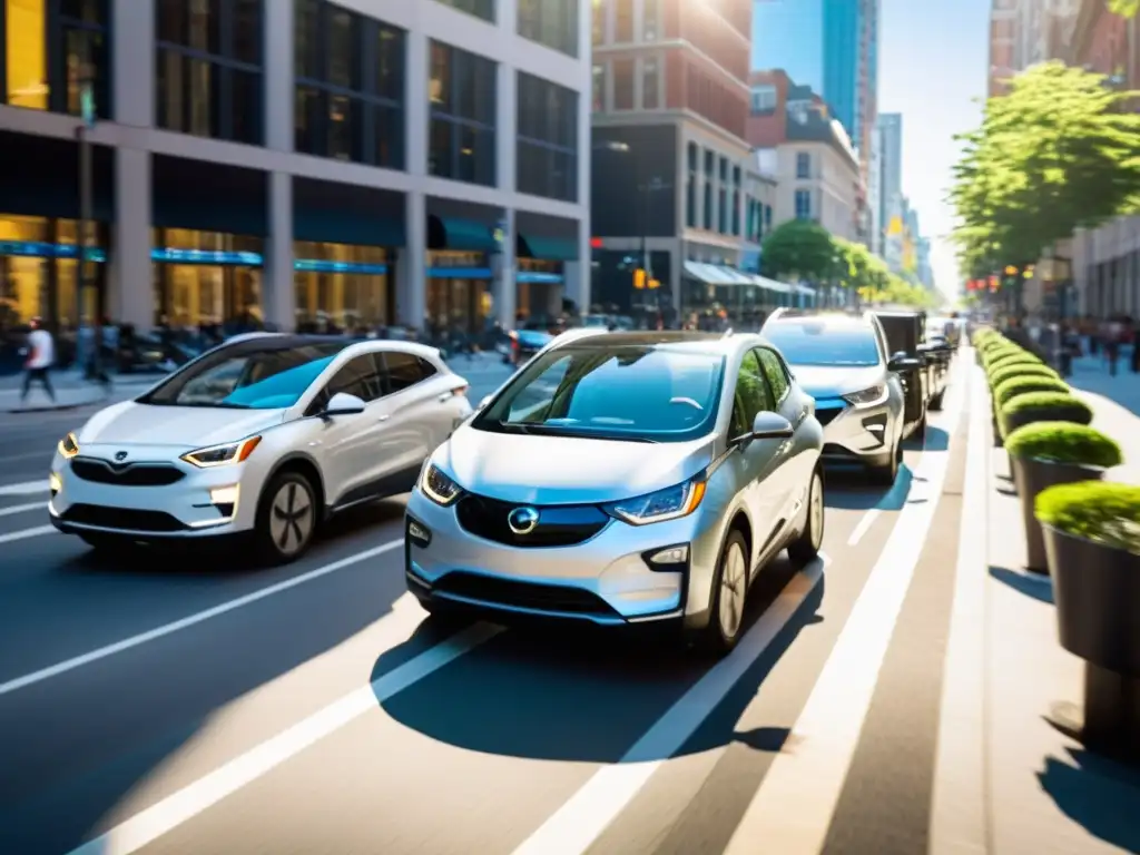 Una calle urbana bulliciosa llena de vehículos de car sharing, reflejando la diversidad de opciones para el transporte urbano