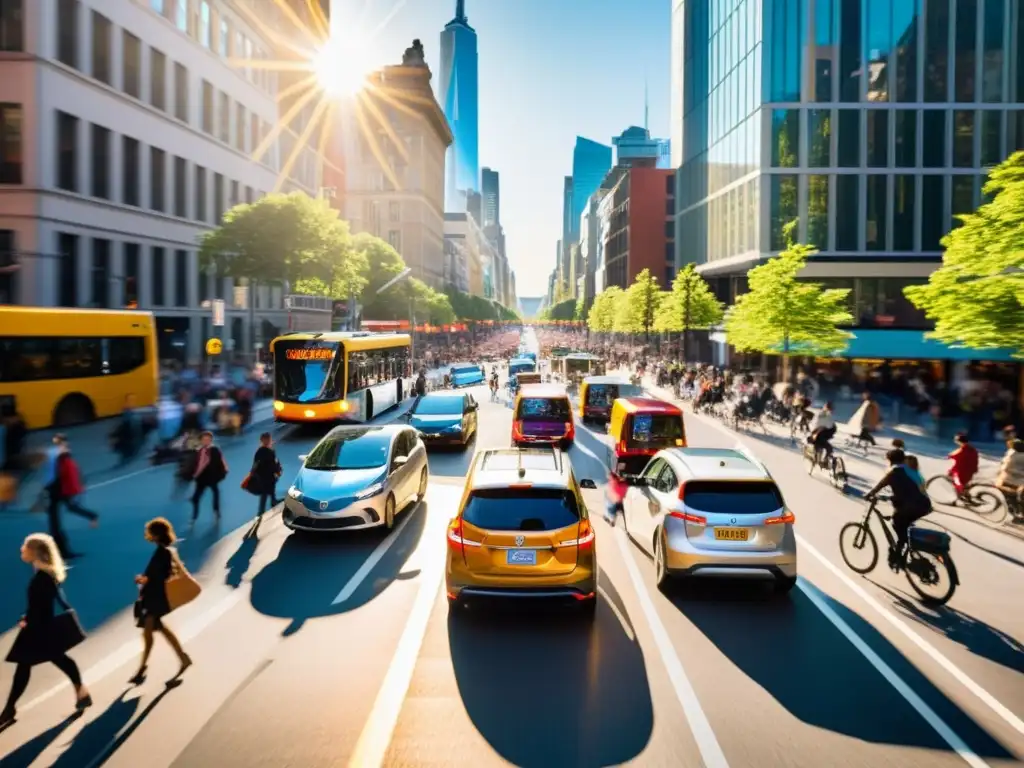 Una calle urbana bulliciosa llena de coches, autobuses, bicicletas y peatones, mostrando la diversidad de la movilidad en la ciudad