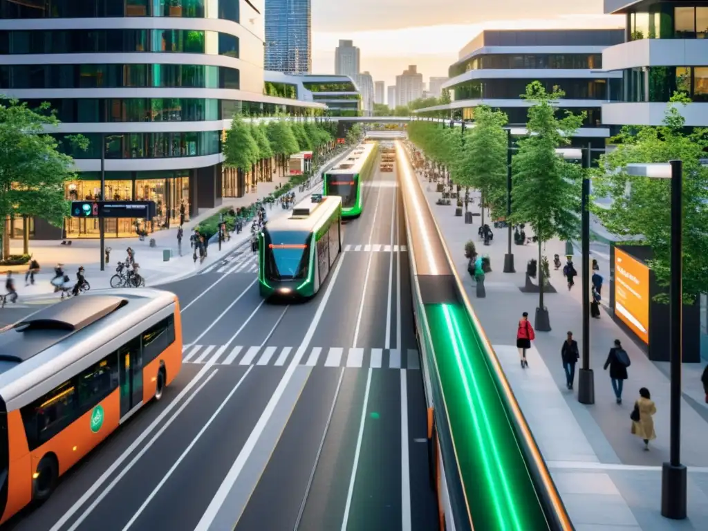 Una calle urbana bulliciosa con un sistema de transporte público moderno e integrado, mostrando el impacto de los STI en urbanismo