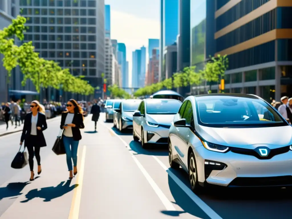 Una calle urbana bulliciosa con vehículos híbridos y eléctricos, mostrando el contraste con autos convencionales