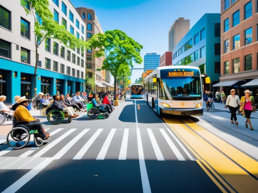 Una calle urbana inclusiva con transporte público accesible y diverso, reflejando la integración de diversos modos de movilidad