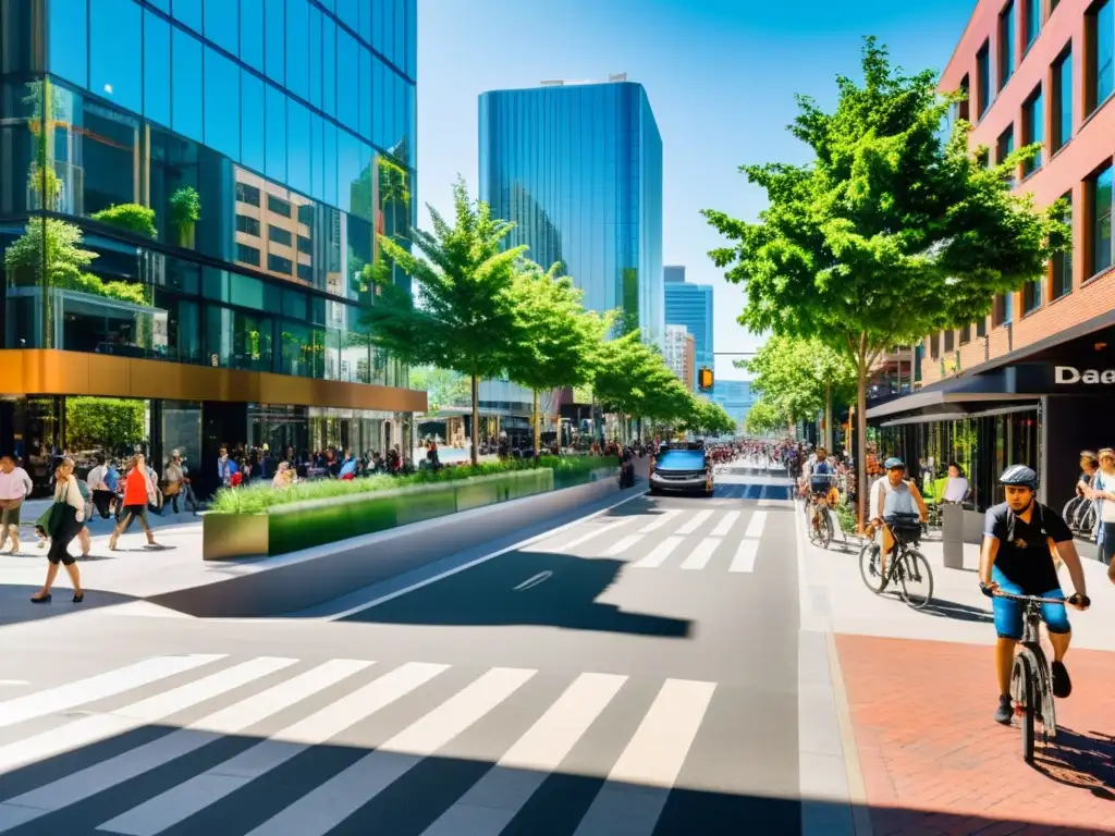 Una calle urbana llena de energía con una integración innovadora de transporte, infraestructura y espacios públicos