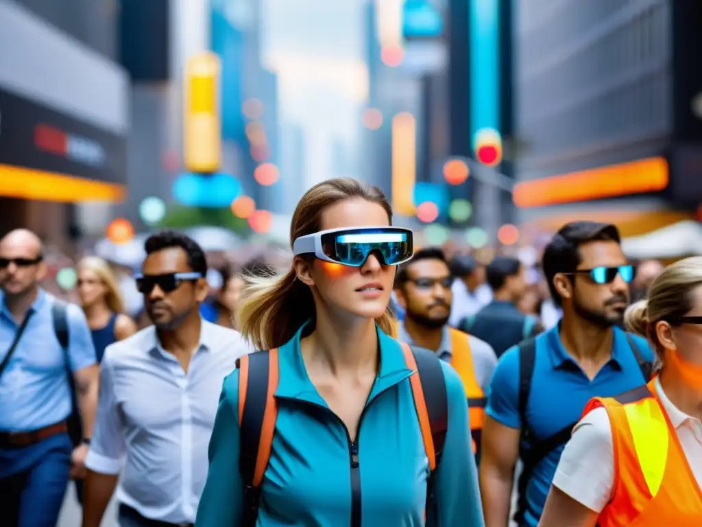 Una calle urbana llena de peatones usando tecnología wearable para seguridad peatonal