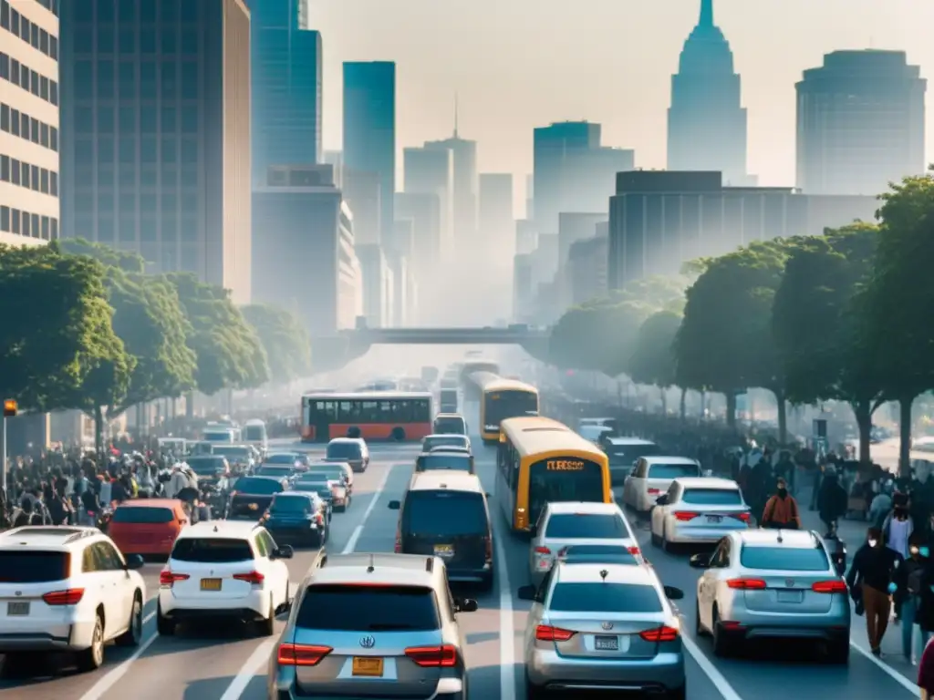 Una calle urbana llena de tráfico y smog, mostrando la urgencia de la legislación ambiental para controlar las emisiones del transporte