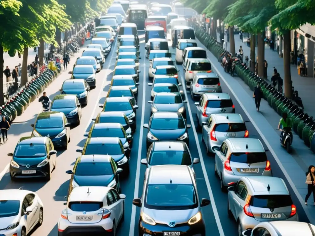 Una calle urbana llena de vehículos car sharing, desde scooters eléctricos hasta coches compactos