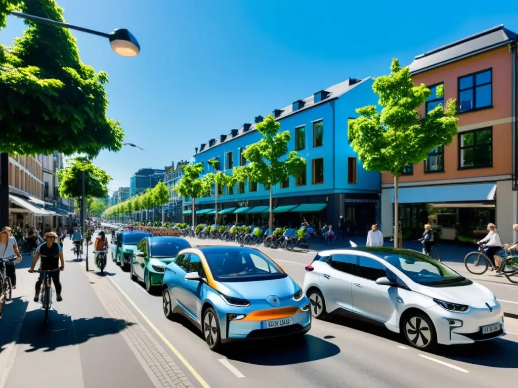 Una calle urbana llena de vehículos eléctricos y bicicletas, con edificios verdes y un ambiente sostenible