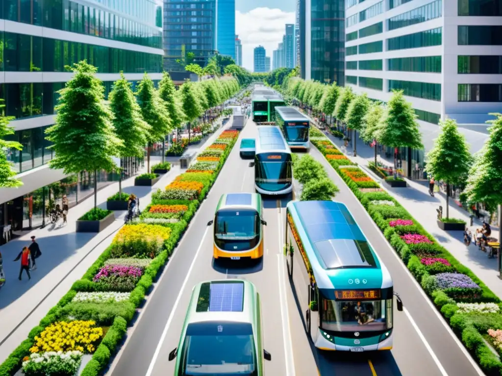 Una calle urbana llena de vida con transporte sostenible y edificios ecoamigables, integrando armoniosamente la planificación urbana