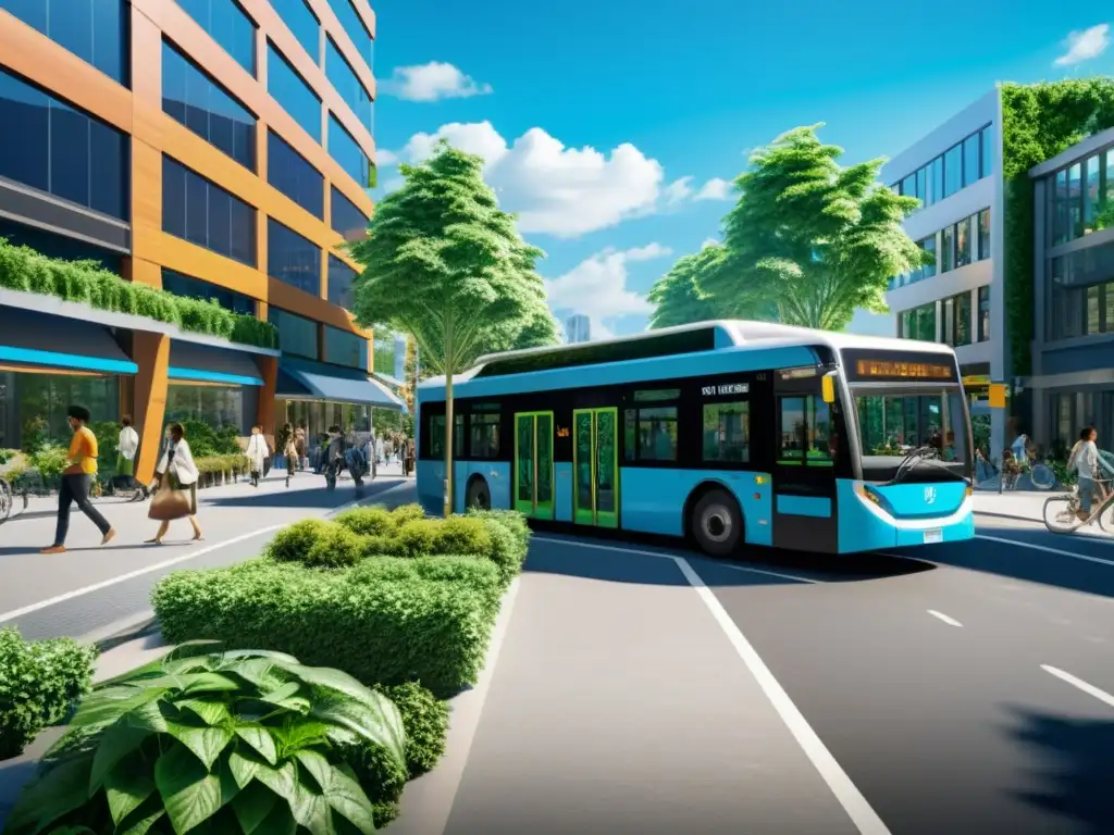 Escena urbana sostenible: movilidad ecológica en la ciudad Una calle urbana repleta de transporte sostenible, con autobuses eléctricos, bicicletas y peatones