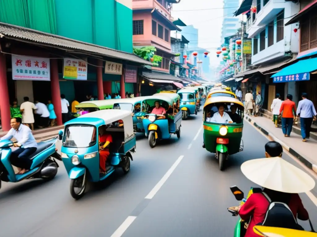 Calles bulliciosas de una ciudad asiática, con rickshaws tradicionales y vehículos modernos de ride sharing