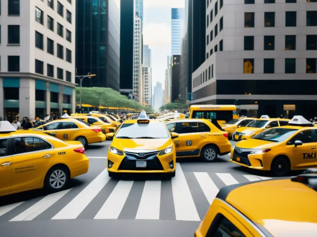 Transformación urbana: Taxis amarillos y ridesharing en la ciudad Calles de la ciudad con taxis amarillos tradicionales y vehículos de ride sharing, mostrando el impacto del ride sharing en ciudades