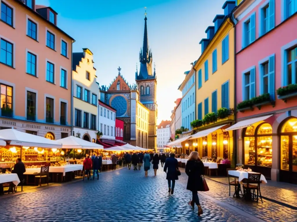 Calles empedradas y bulliciosas en una ciudad histórica europea, perfecta para recorrer a pie y empaparse de su encanto cultural