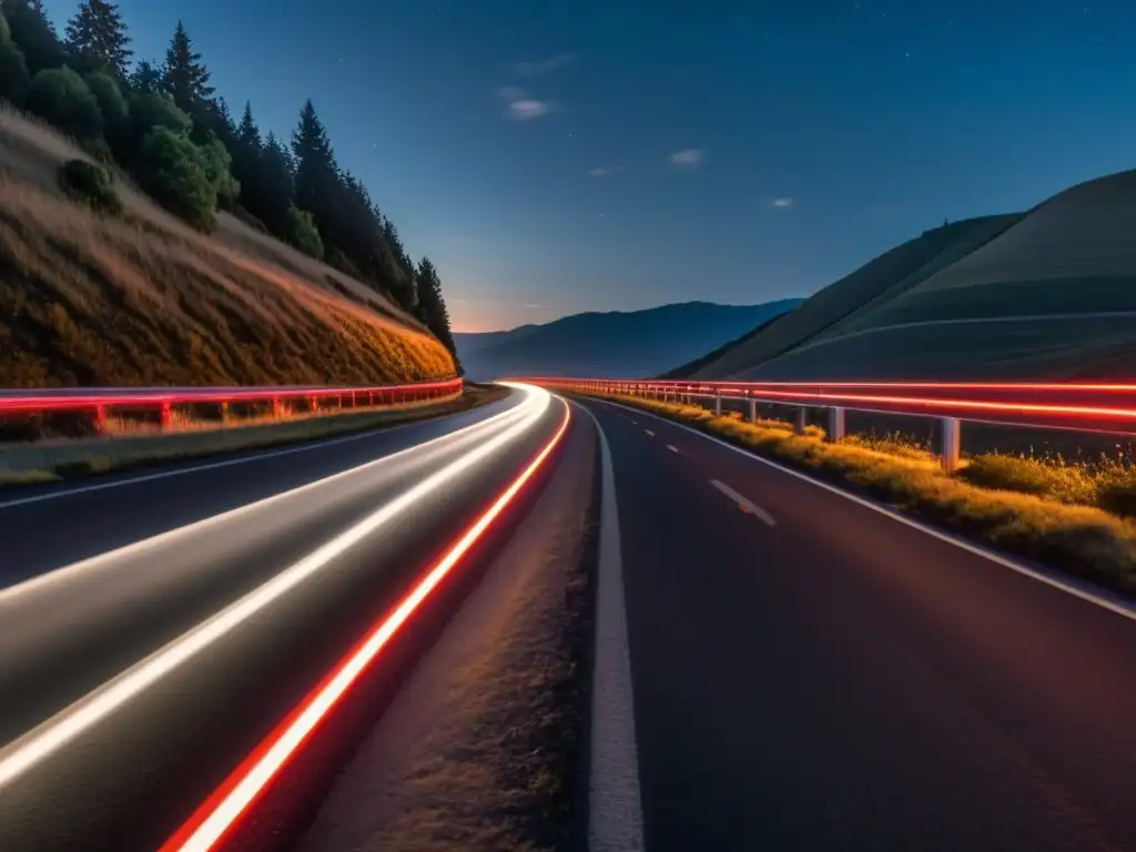 Un camino oscuro serpenteante de noche, iluminado por luces de un auto a lo lejos