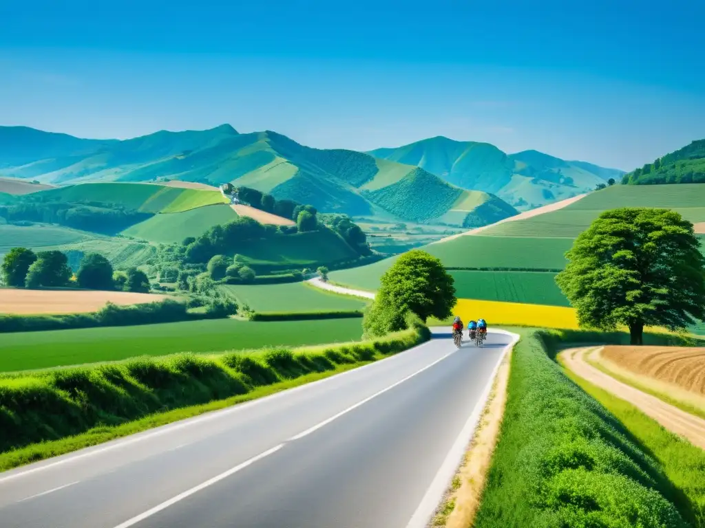 Un camino rural serpenteante entre campos verdes, ciclistas pedaleando y un pueblo tradicional en armonía con la naturaleza