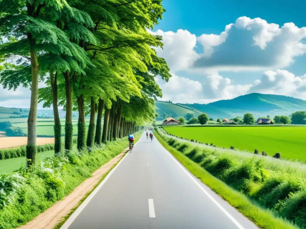 Un camino rural serpentea a través de un paisaje exuberante con una aldea al fondo