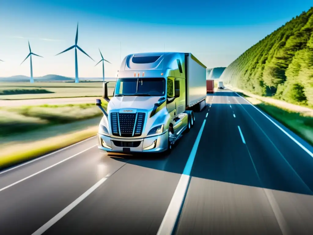 Un camión de carga moderno avanza por una larga autopista con molinos de viento girando al fondo, reflejando la integración de la energía eólica en camiones de carretera y su impacto en el transporte sostenible