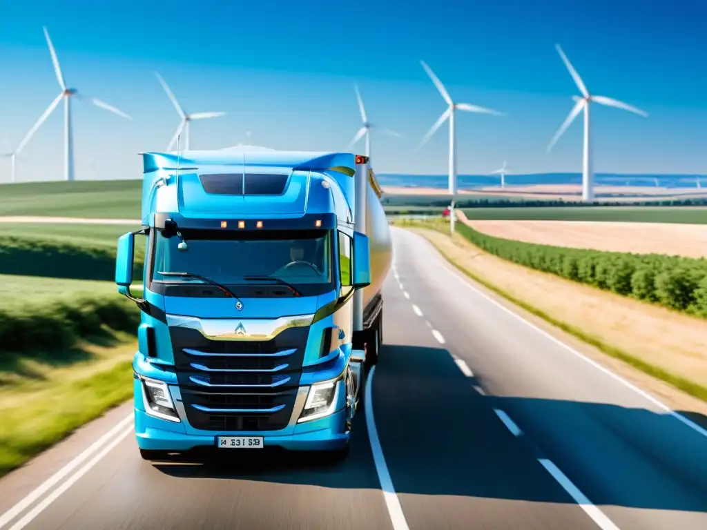 Un camión de carretera recorre una larga carretera con molinos de viento en el fondo, mostrando la sinergia entre la energía eólica y el transporte