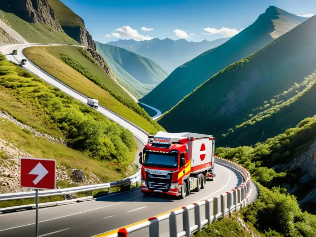 Un camión transportando materiales peligrosos atraviesa una montaña, rodeado de equipos de seguridad