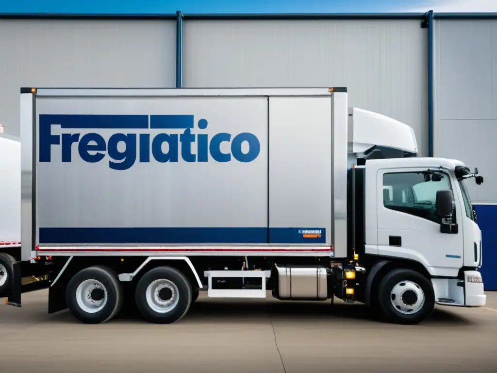 Un camión refrigerado en un centro de distribución, mostrando la compleja tecnología en la optimización del consumo logística frío