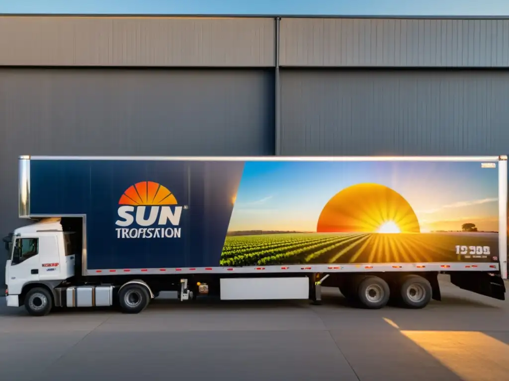Transporte refrigerado al atardecer: cargando productos frescos Camión refrigerado estacionado frente a un almacén, trabajadores cargando cajas de productos frescos