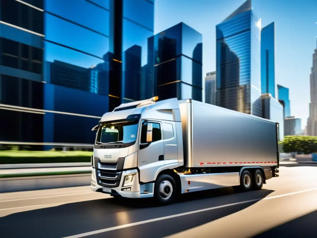 Un camión refrigerado moderno con tecnología de refrigeración en transporte de alimentos, brillando bajo el sol en la ciudad