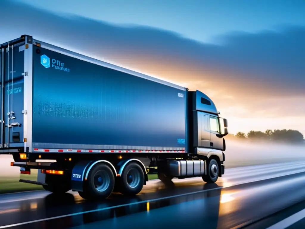 Transporte Refrigerado: Precisión en la niebla matutina Un camión refrigerado avanza en la neblina matutina, con condensación en sus superficies metálicas y un tenue resplandor del amanecer