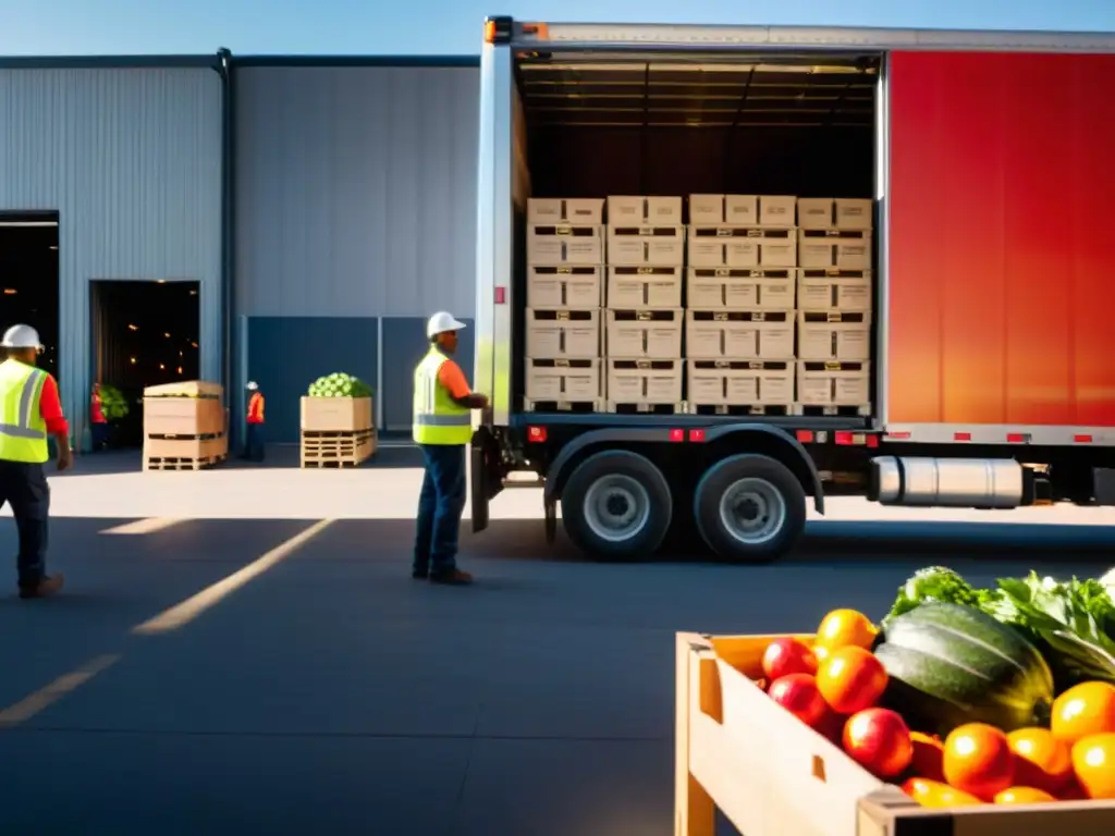 Un camión refrigerado con prácticas ecológicas de transporte, rodeado de trabajadores descargando cajas de productos frescos