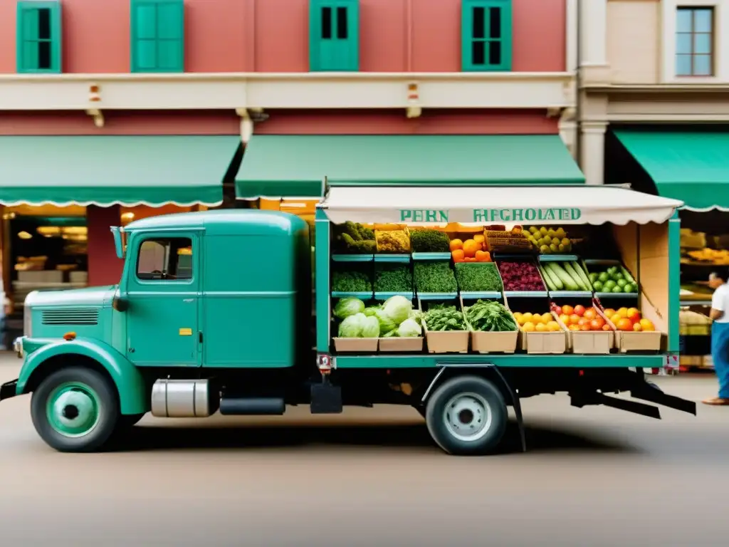 Un camión refrigerado vintage en un mercado bullicioso, con trabajadores descargando cajas de productos frescos