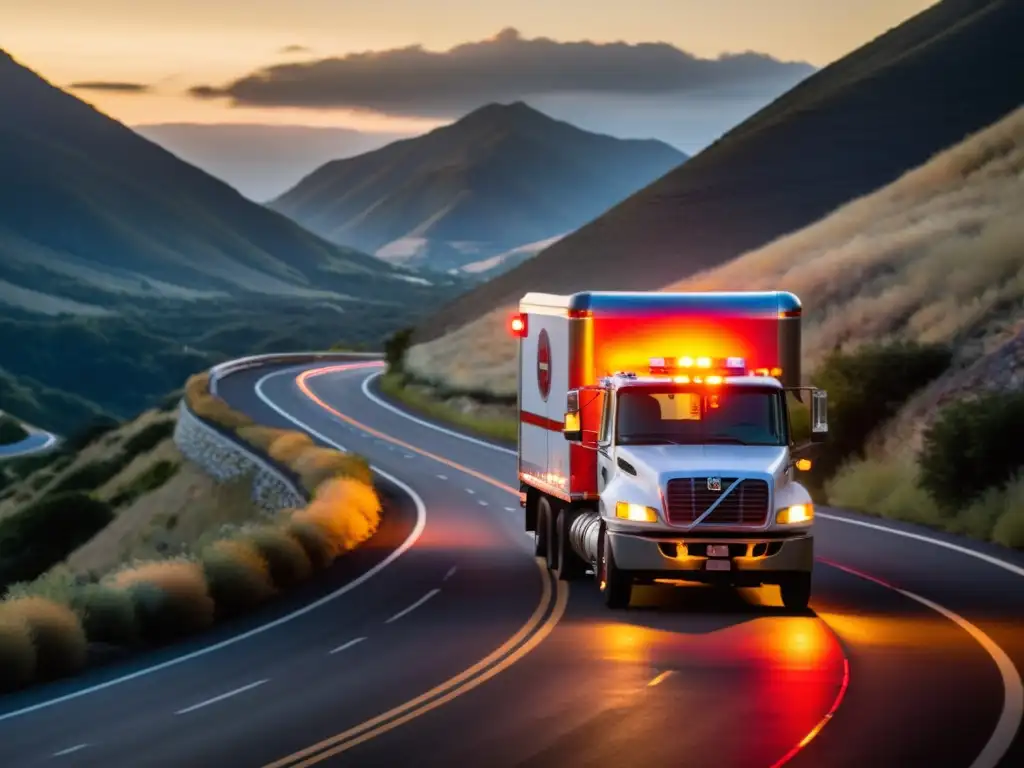 Un camión de transporte de productos peligrosos iluminado por las luces del atardecer en una carretera montañosa