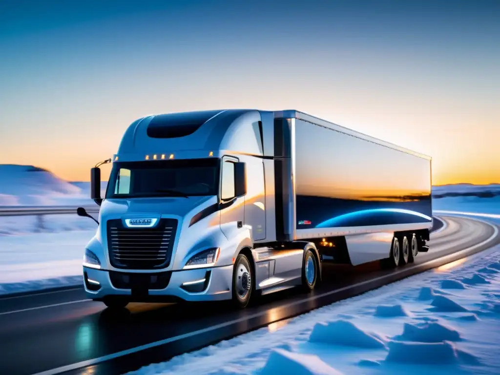 Un camión de transporte refrigerado avanza suavemente por una autopista nevada al amanecer, mostrando avances tecnológicos en transporte refrigerado