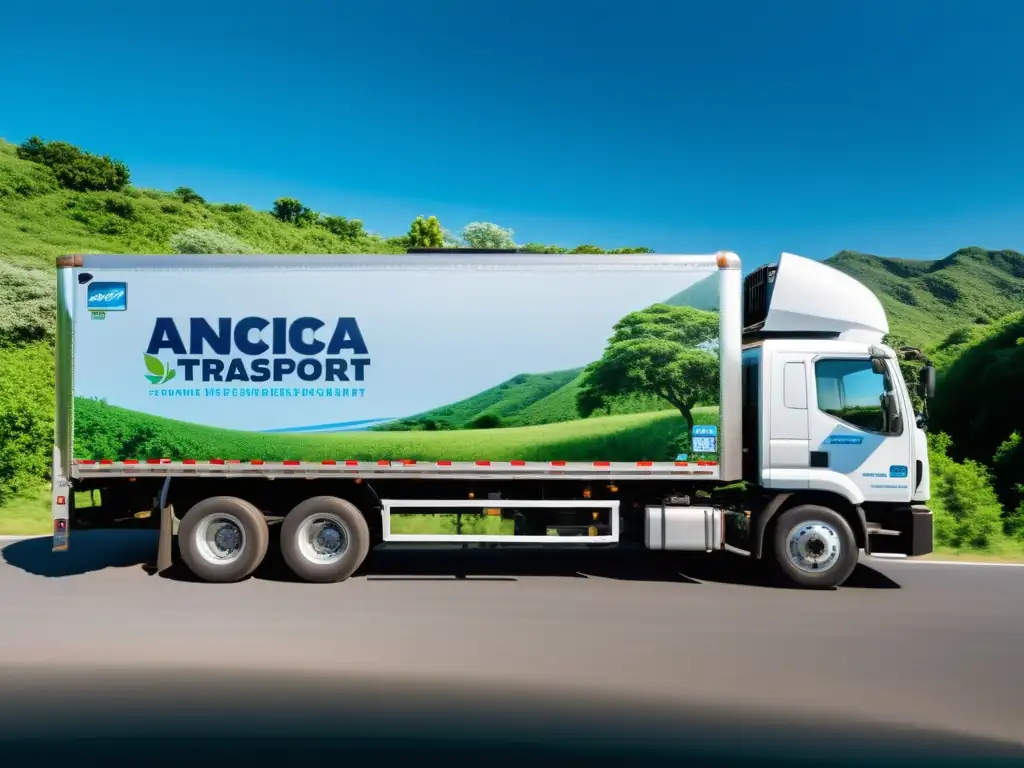 Un camión de transporte refrigerado rodeado de exuberante naturaleza, emitiendo vapor